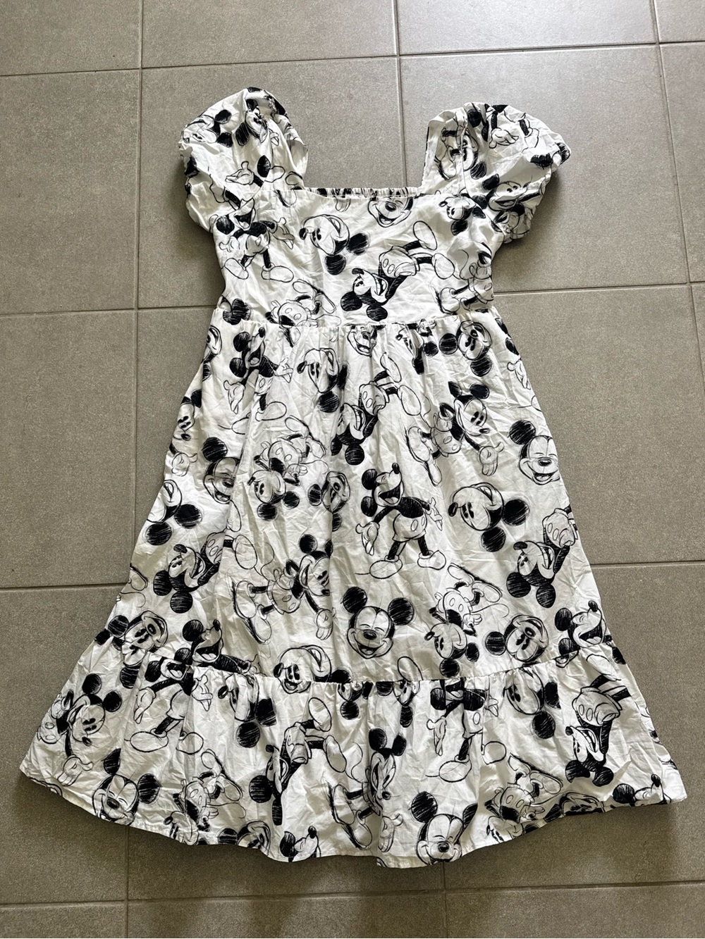 Disney Mickey Mouse Sketch Print Puff Sleeve Smocked Midi Dress Women's XL